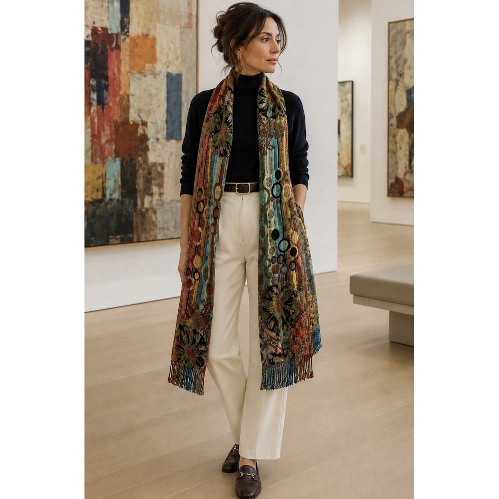 Art To Wear Silk Viscose Woven Scarf Nepal Abstract Floral Fringe Boho Wrap